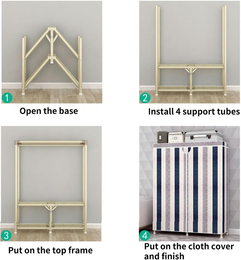 Portable Clothes Rack with Cover Freestanding Wardrobe Closet for Bedroom Metal Clothing Rack with Hanging Rod and 5 STO