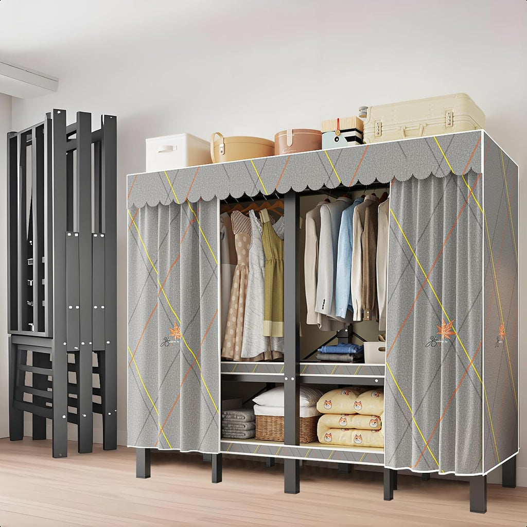 Portable Wardrobe Closet, Heavy Duty Clothing Rack for Hanging Clothes, Metal Clothes Rack with Cover and Hanging Rods, Freestanding Wardrobe Armoire Load 1000 LBS (Zipper style 49 inches/125cm)