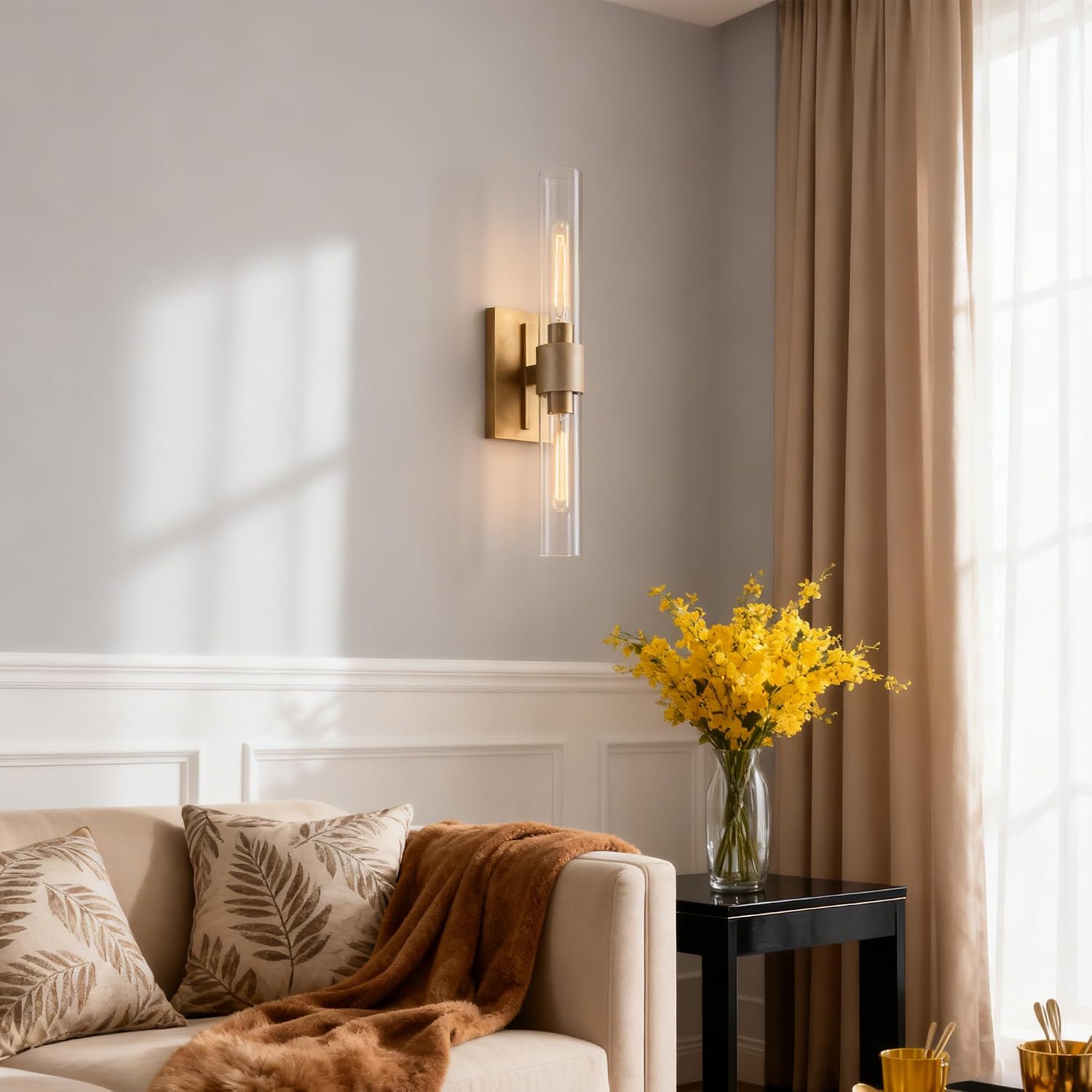 23' Brass Wall Sconces Set of 2, Vintage Wall Light Fixture with Clear Glass Shade, Luxury Hardwired Retro Wall Sconce for Bathroom Vanity, Living Room, Bedroom, Hallway Tube Indoor Sconce