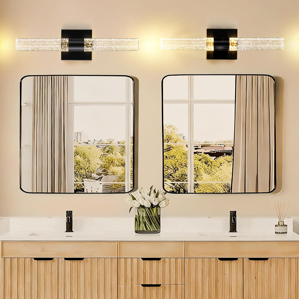 Black Modern LED Wall Sconces Set of Two 3000K-6000K Crystal Bathroom Sconce Lights 12W LED Vanity Light Bar Wall Lights for Bedroom Living Room, 18 Inch, 3 Color Temperature Adjust