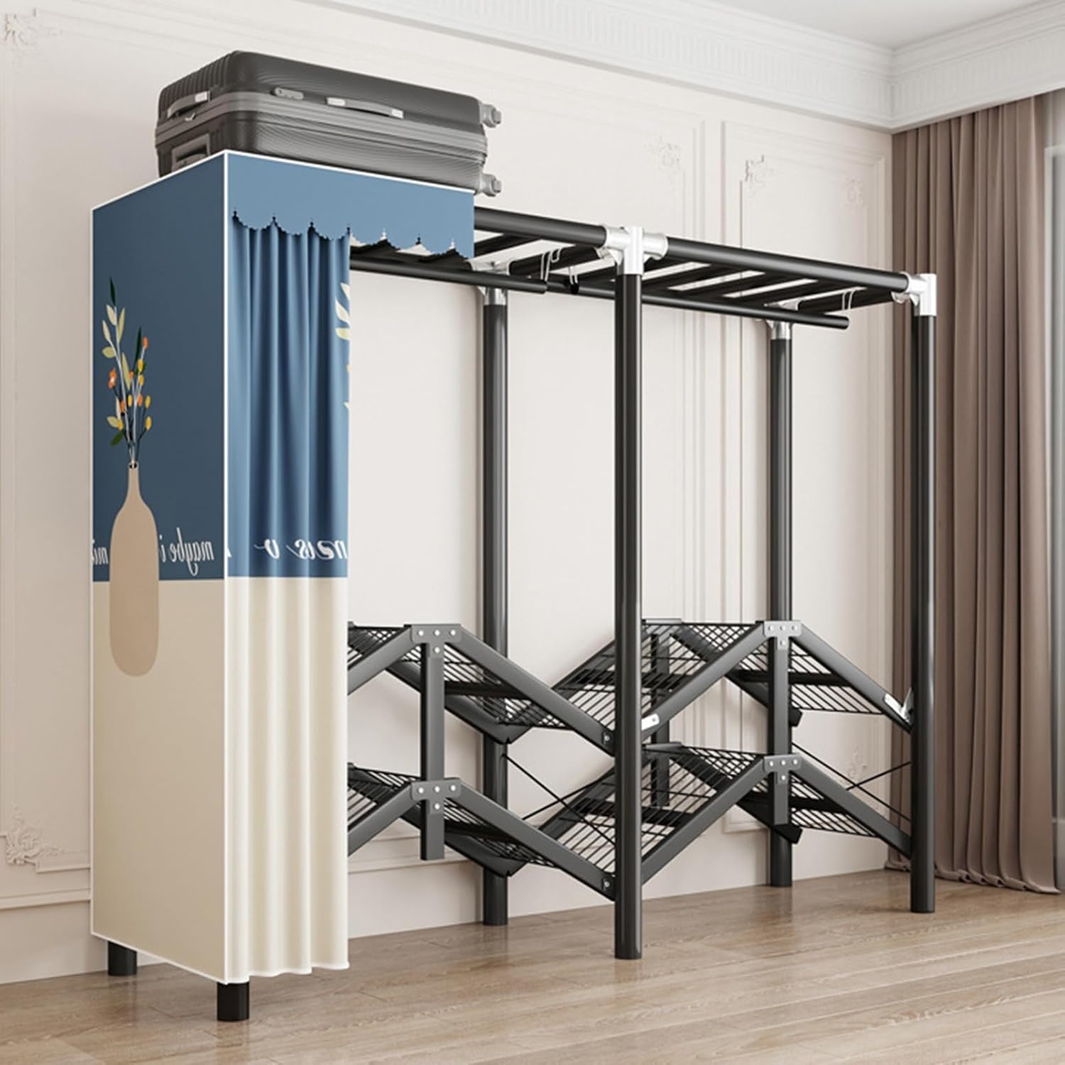 Portable Closet Wardrobe,Freestanding Coat Storage Garment Racks,Steel Tube Clothes Storage Organizer,for Bedroom Free Standing Clothes Rack with Cover(Color 1,128 X 49 X 170cm)