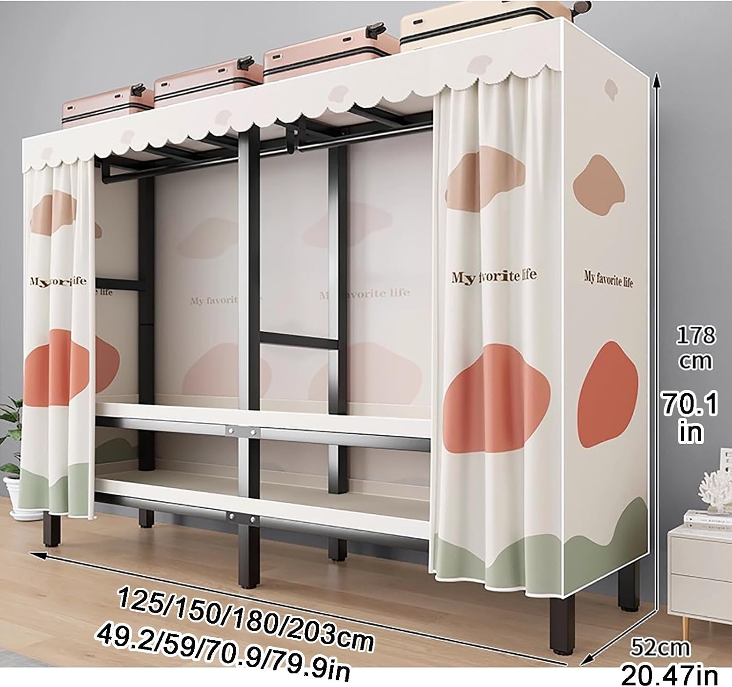 Foldable Portable Wardrobe Closet, Heavy Duty Garment Rack with Cover, Freestanding Covered Metal Clothes Rack, Armoire for Hanging Clothes(125cm/49in)