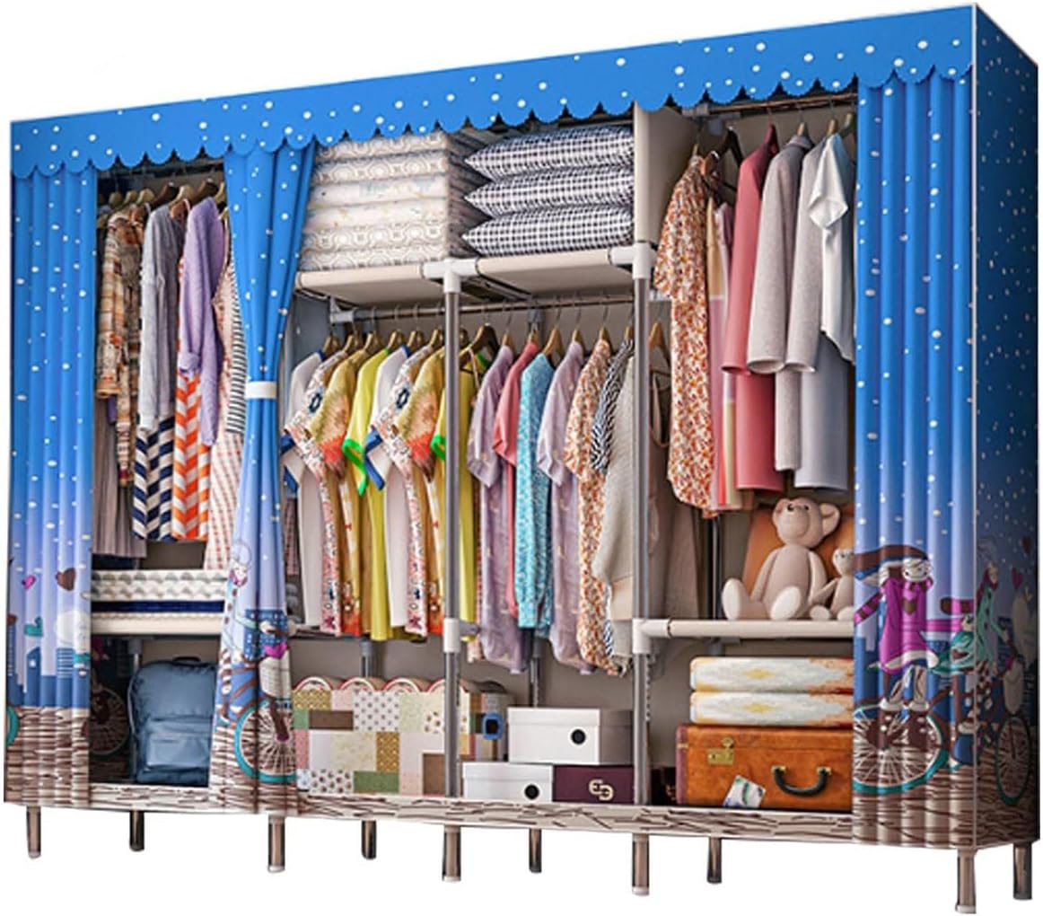 Free Standing Heavy Duty Wardrobe Closet for Bedroom 3 Tiers Garment Racks with Cover Metal Large Clothing Rack for Hanging Clothes (Color : Blue-3, Size : 245x45x172cm)