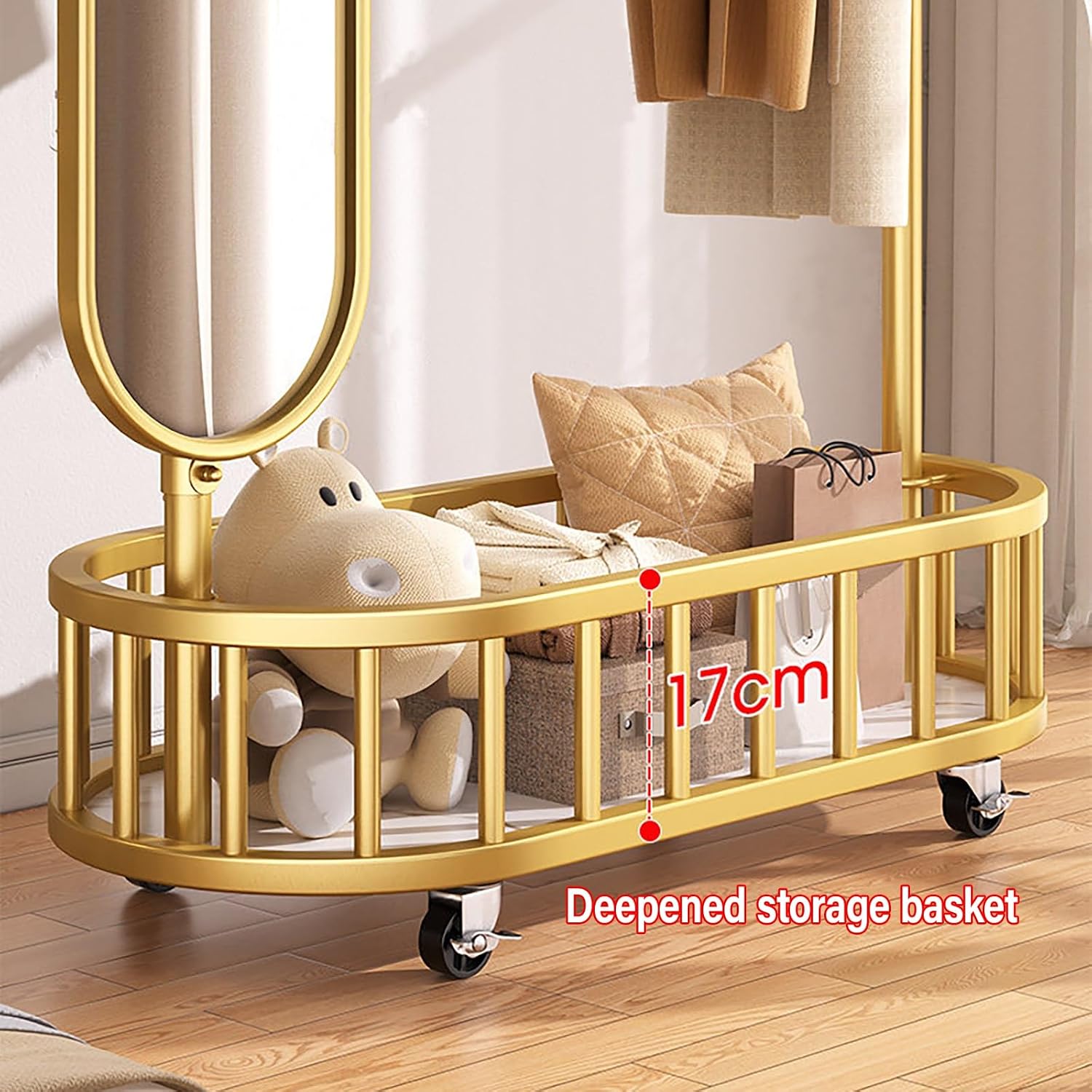 Clothes Rack With Mirror & Storage Basket,Garment Racks With Wheel,Large Metal Rolling Clothing Racks For Hanging Clothes,Shirts Jeans And Coats(Gold,80cm/31.5in)