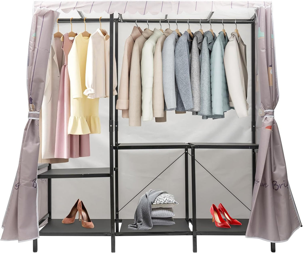 Garment Racks,Clothing Rack for Hanging Clothes with Shelves,Portable Closet System Organizer Garment Rack for Clothes Storage,Free Standing Wardrobe Clothes Organizer,Clothes Rack with Cloth Cover