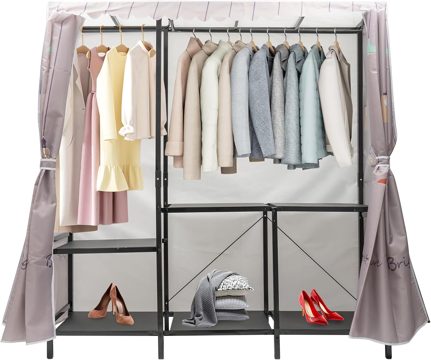 Garment Racks,Clothing Rack for Hanging Clothes with Shelves,Portable Closet System Organizer Garment Rack for Clothes Storage,Free Standing Wardrobe Clothes Organizer,Clothes Rack with Cloth Cover
