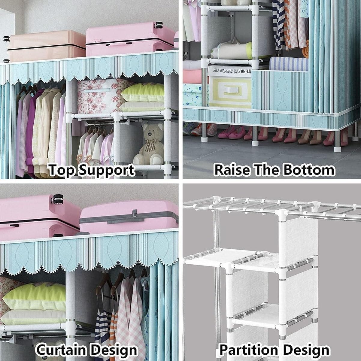Metal Garment Rack Covered Clothes Rack with 2 Hanging Rods and Shelves Free Standing Closet Wardrobe with Fabric Cover for Bedroom (Color : Green, Size : 160x45x172cm)