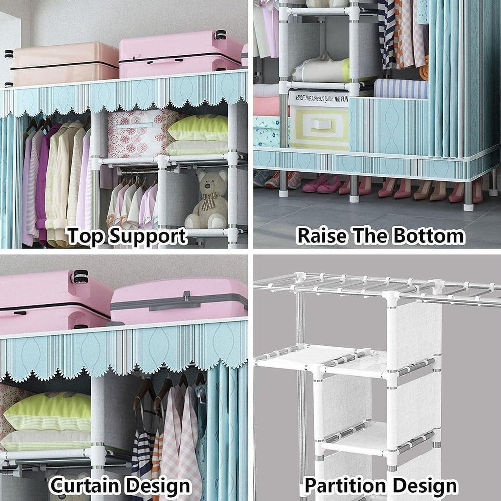 Metal Garment Rack Covered Clothes Rack with 2 Hanging Rods and Shelves Free Standing Closet Wardrobe with Fabric Cover for Bedroom (Color : Green, Size : 145x45x172cm)