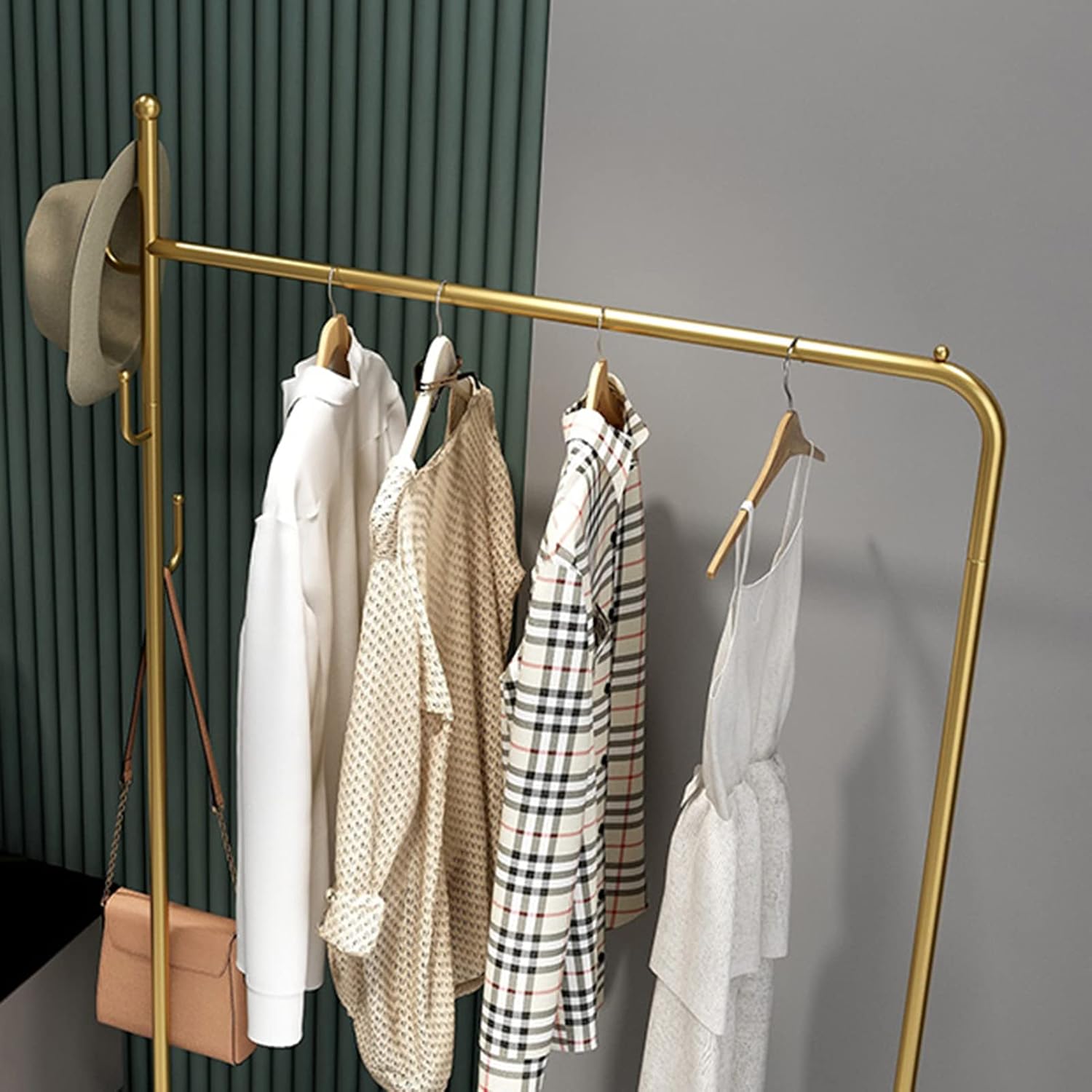 Heavy duty Garment rack Modern Metal Clothes Rail On Wheels Freestanding Hanger With Shelves And 4 Hooks Space Saving Clothing Rack For Bedroom And Entrance Easy To Assemble Coat Rack Stand ( 100X38X