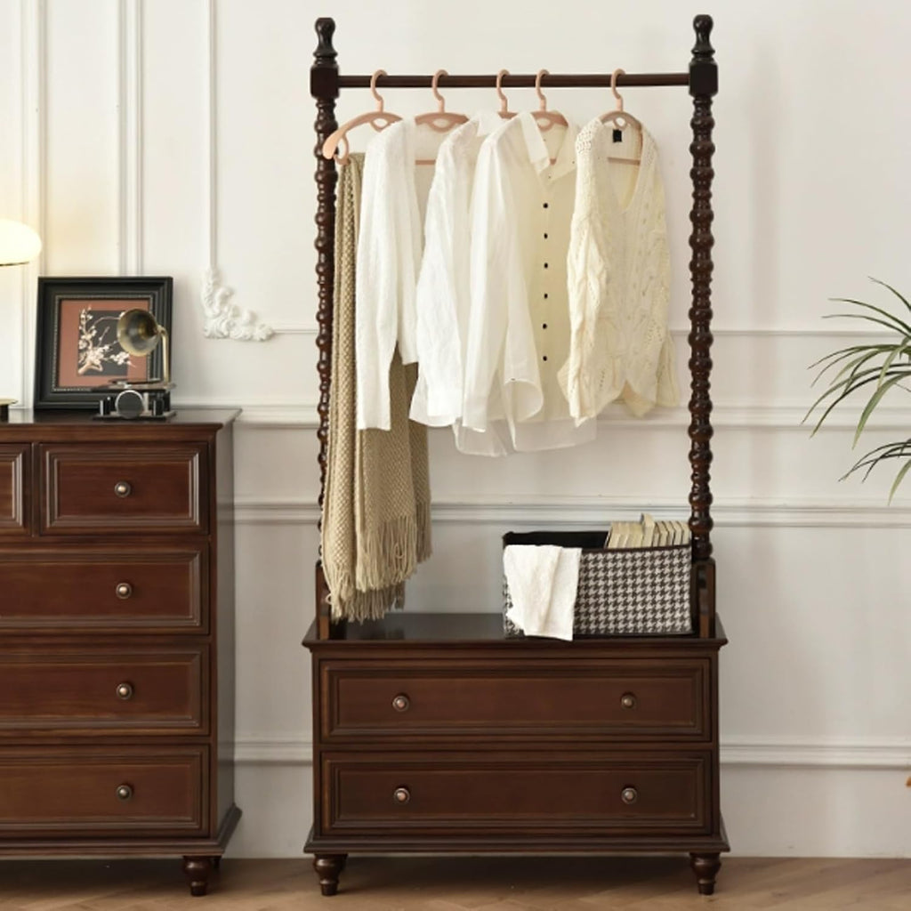 Chinese Clothes Rack, Solid Wood Clothing Rack with 2-Tier Bedside Table, Freestanding Garment Rack, Large Capacity Coat Rack for Hanging Clothes, Coats, Shirts