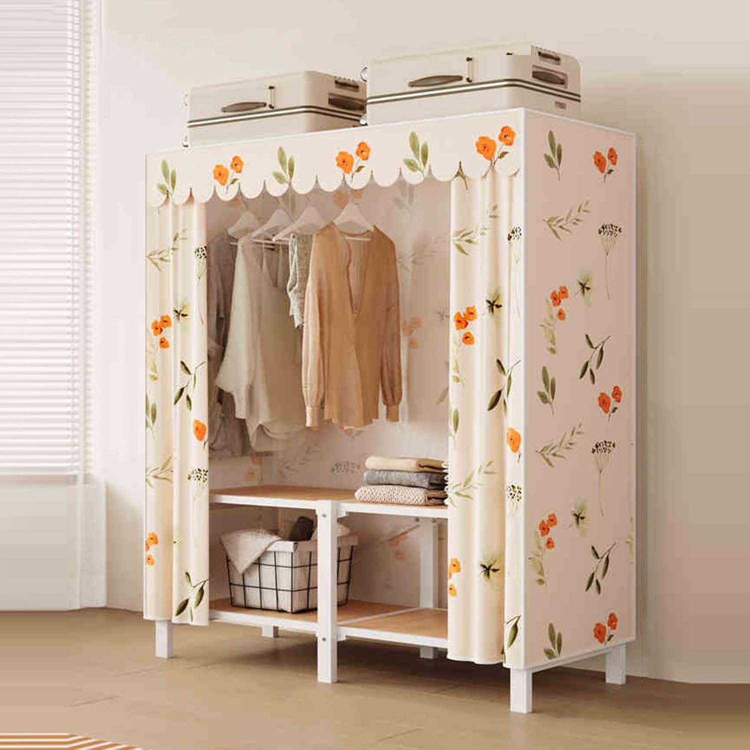Portable Closet Wardrobe,Freestanding Coat Storage Garment Racks,Spacious Steel Tube Clothes Storage Organizer,for Bedroom Free Standing Clothes Rack with Cover(Color 2,126 X 50 X 172cm)