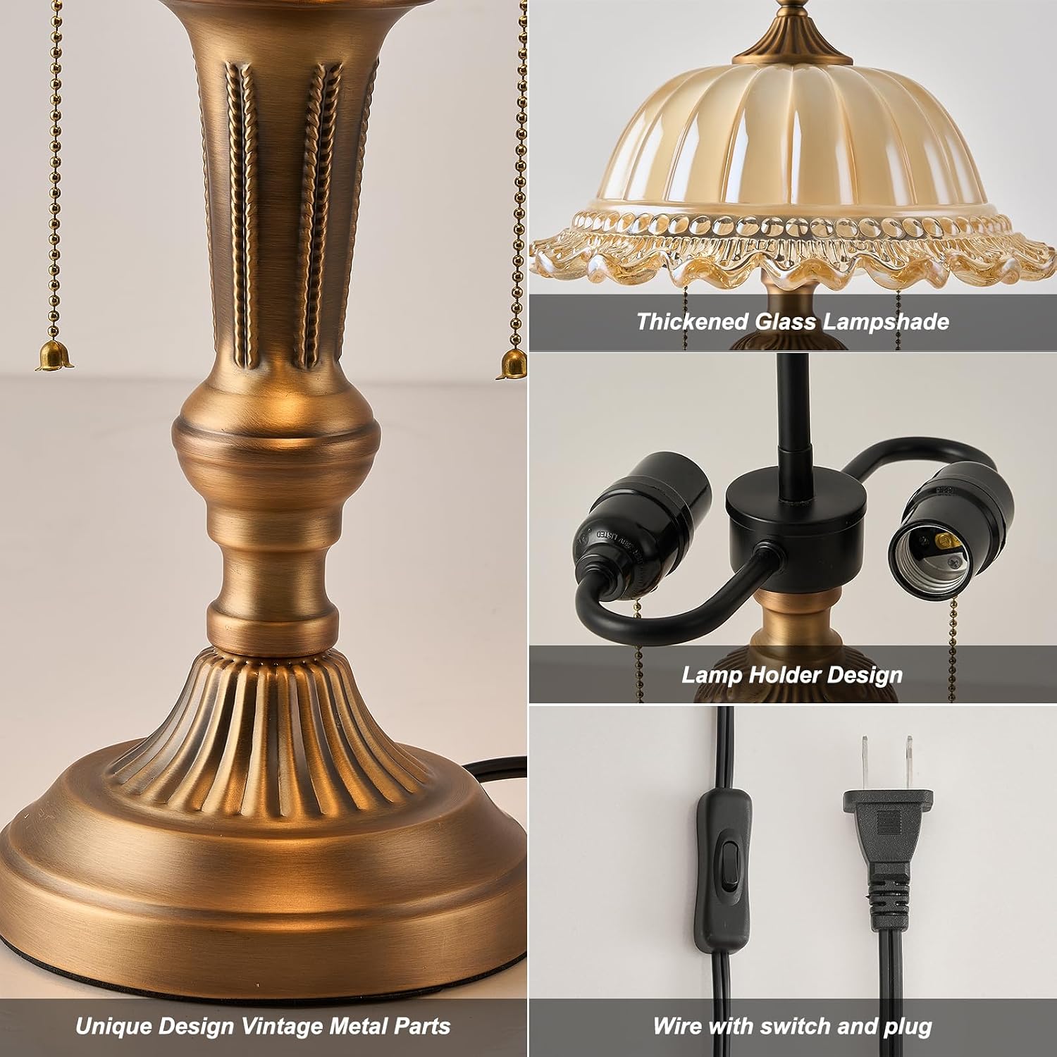 HDDFL Glass Shade Table Lamp Vintage Metal Desk Lamp 2 Lights Table Light with Plug Switch for Bedroom Living Room Home Office Brass and Brown
