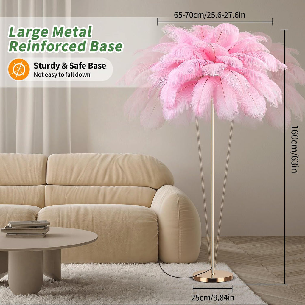Feather Floor Lamp for Living Room, Fluffy Ostrich Feathers Lamp, Rose Gold Color Body, 3 Color Temperatures Modern Funky Arc Tall Standing Lamp for Bedroom Inclued Bright LED Bulbs (Pink)