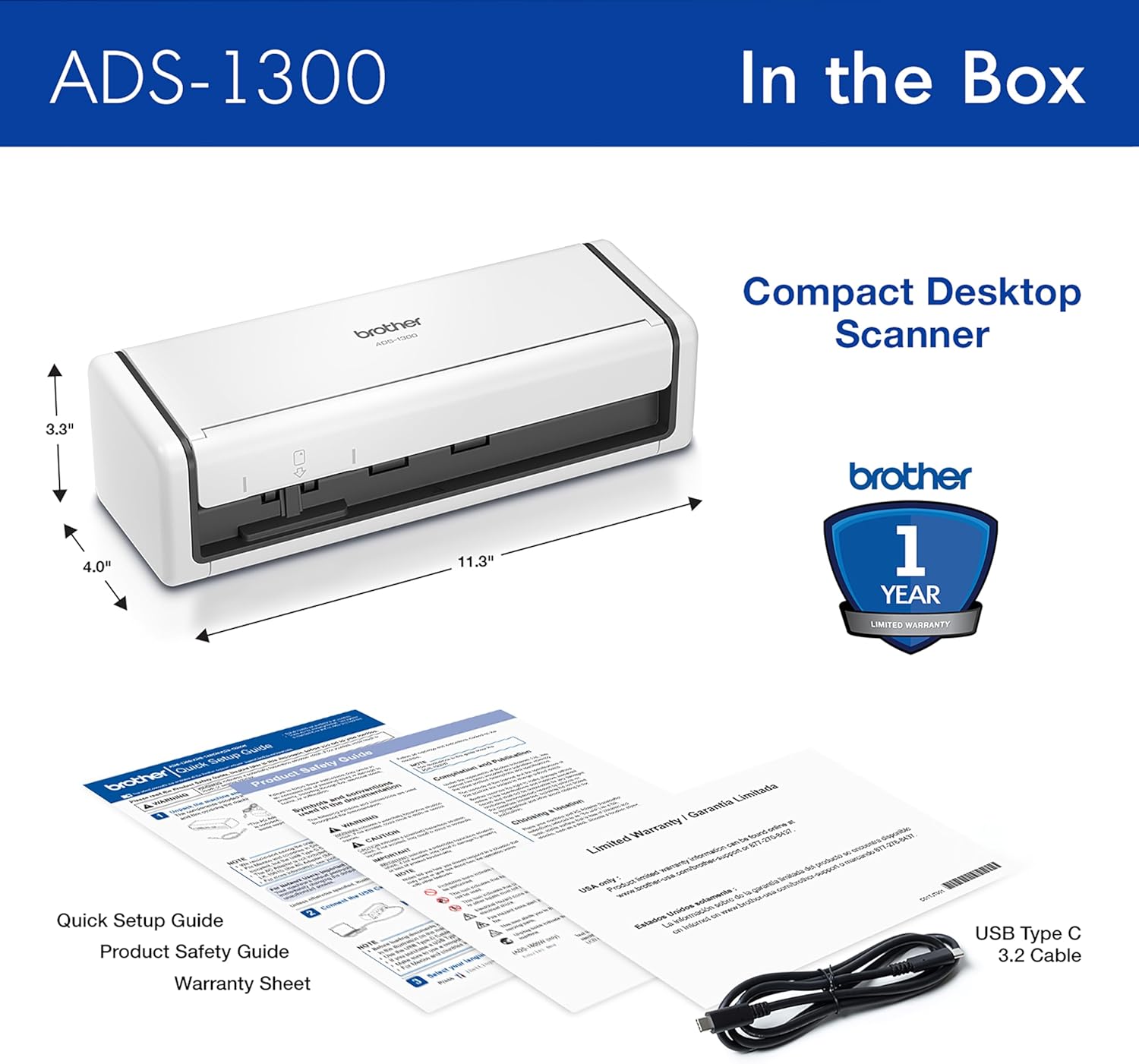 Brother ADS-1300 Compact Desktop Scanner | Scan Speeds of Up to 30ppm | Single Pass Double-Sided Scanning (Renewed Premium)