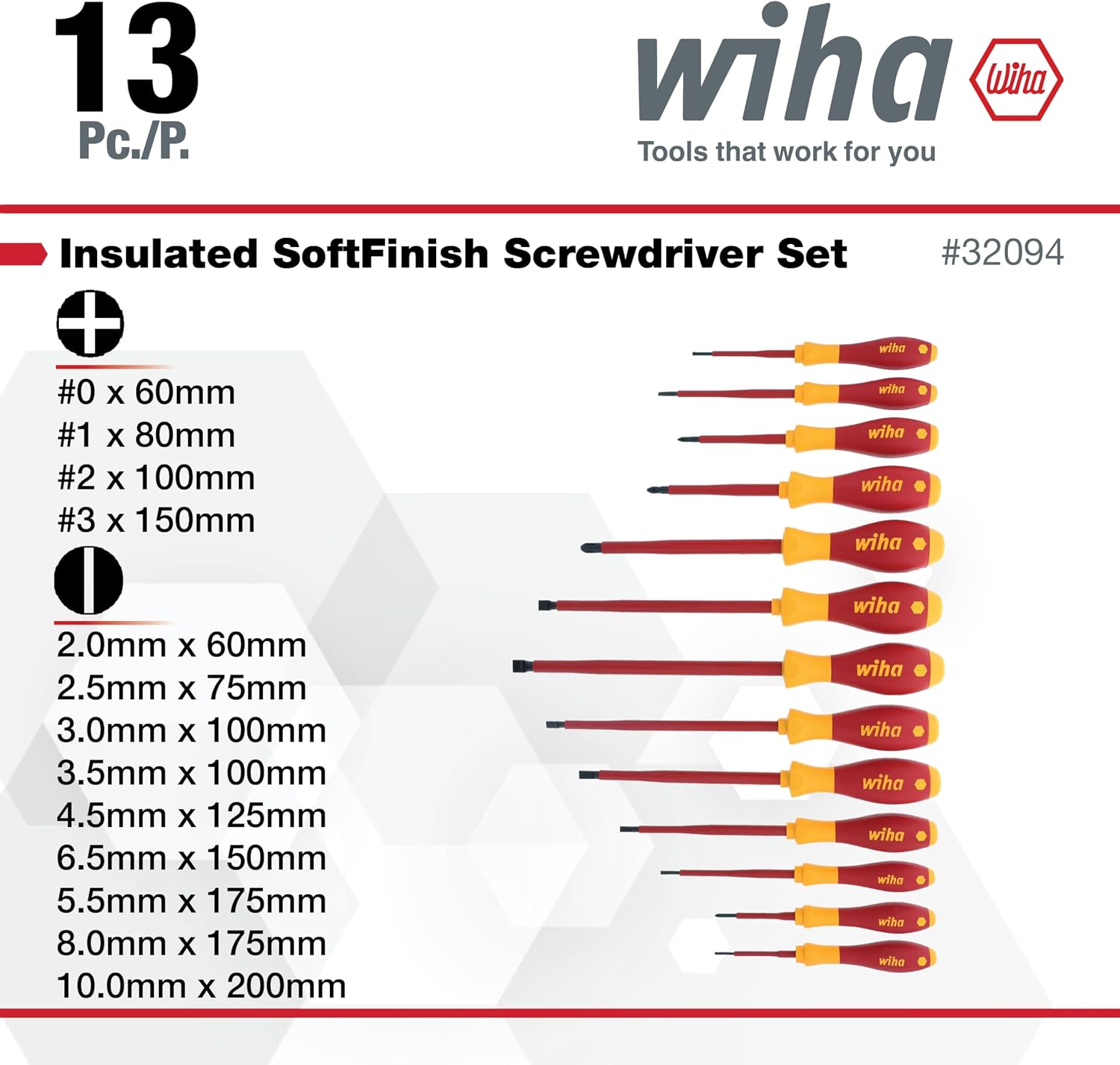 Wiha 32094 Slotted & Phillips Insulated Screwdriver Set, 13 Piece, 1000V VDE, SoftFinish Handle, Black Oxide