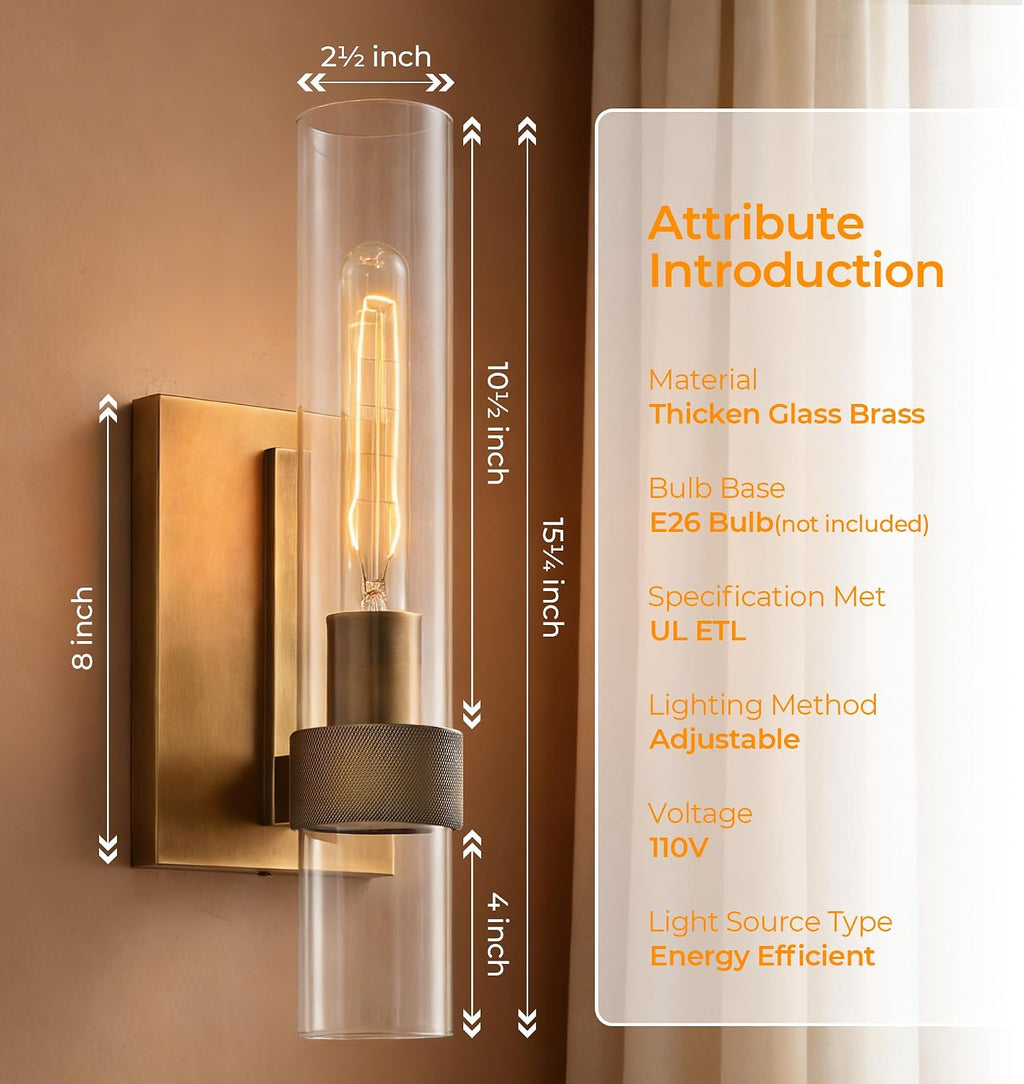 Brass Wall Sconces Set of 2, Vintage Wall Light Fixture with Clear Glass Shade, Luxury Hardwired Retro Wall Sconce for Bathroom Vanity, Living Room, Bedroom, Hallway Tube Indoor Sconce no Bulbs