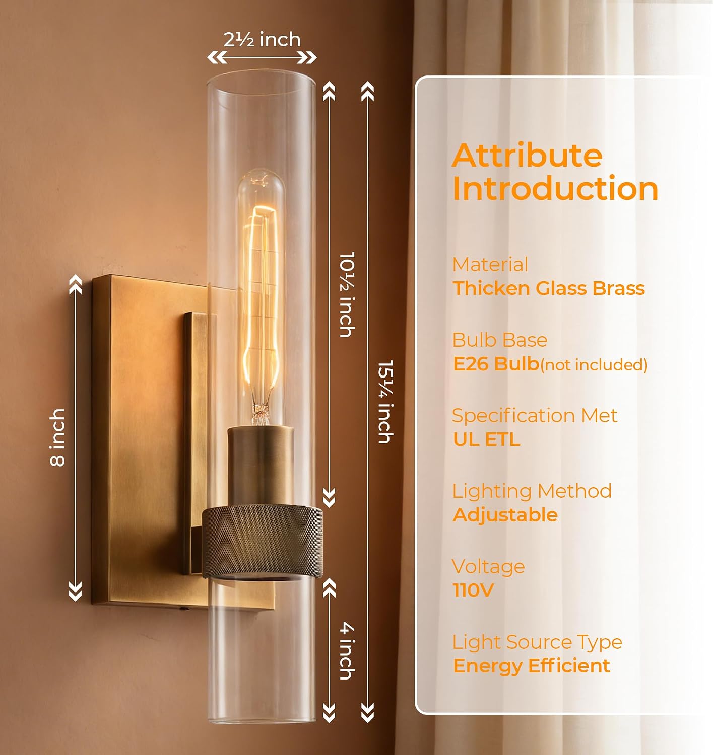 Brass Wall Sconces Set of 2, Vintage Wall Light Fixture with Clear Glass Shade, Luxury Hardwired Retro Wall Sconce for Bathroom Vanity, Living Room, Bedroom, Hallway Tube Indoor Sconce no Bulbs