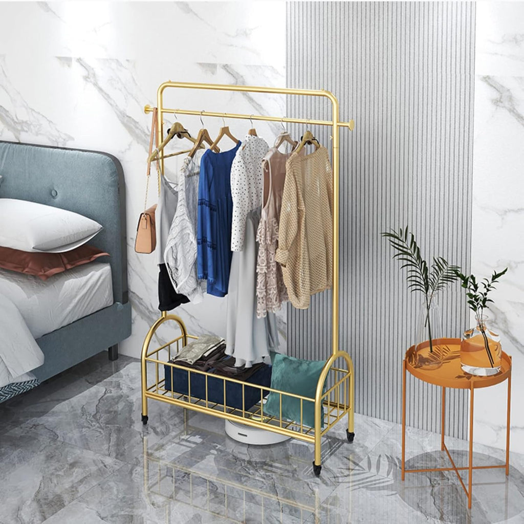 Heavy Duty Coat Rack, Garment Rack Metal Clothing Rack for Hanging Clothes On Wheels Space Saving Coat Rack with Storage Basket and 2 Hooks Freestanding Clothes Organizer (Gold 120X30X160CM)