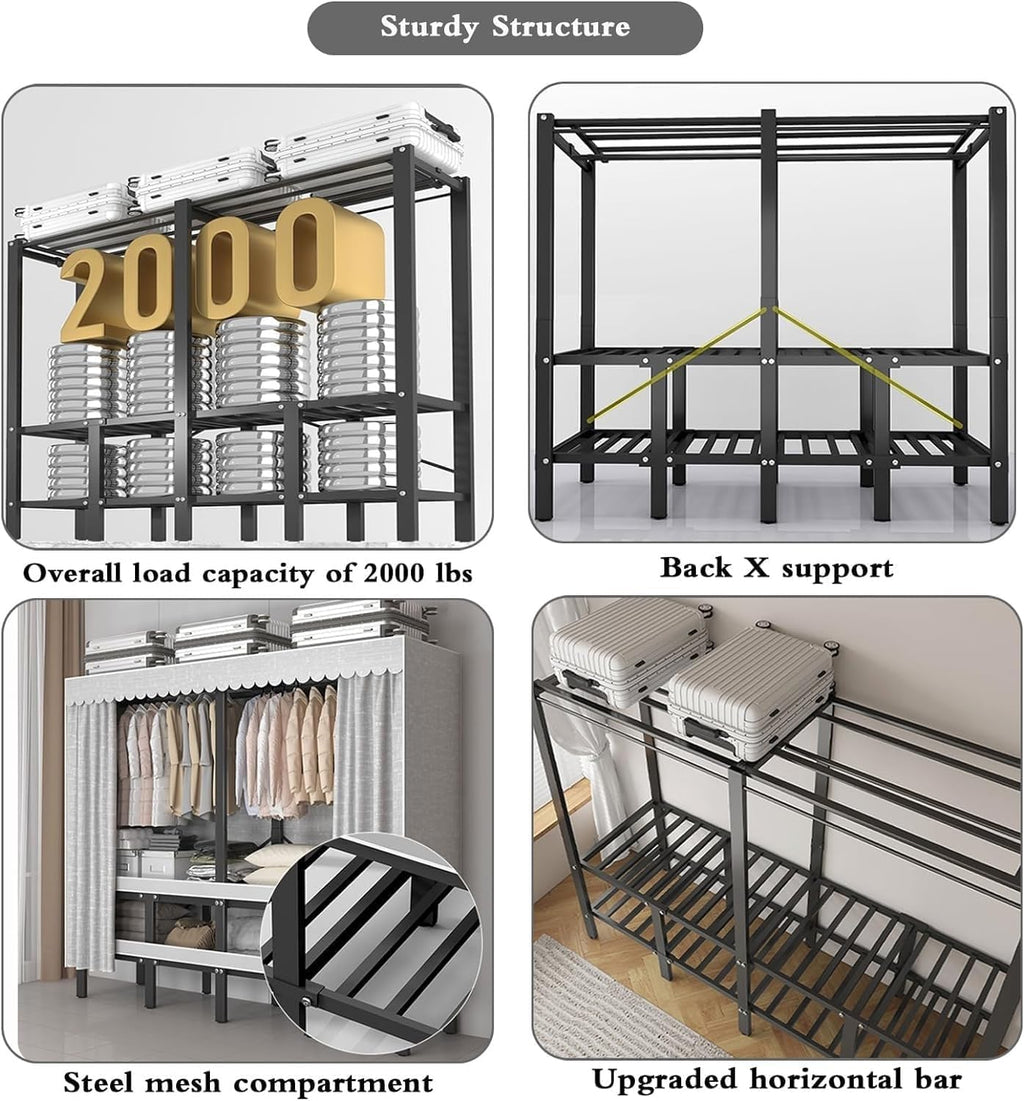 Metal Closet Rack, 59in Foldable Clothe Rack with Cover Heavy-Duty Portable Wardrobe Closet for Bedroom Armoires Freestanding Clothing Coat Storage Rack Garment Rack for Hanging Clothes