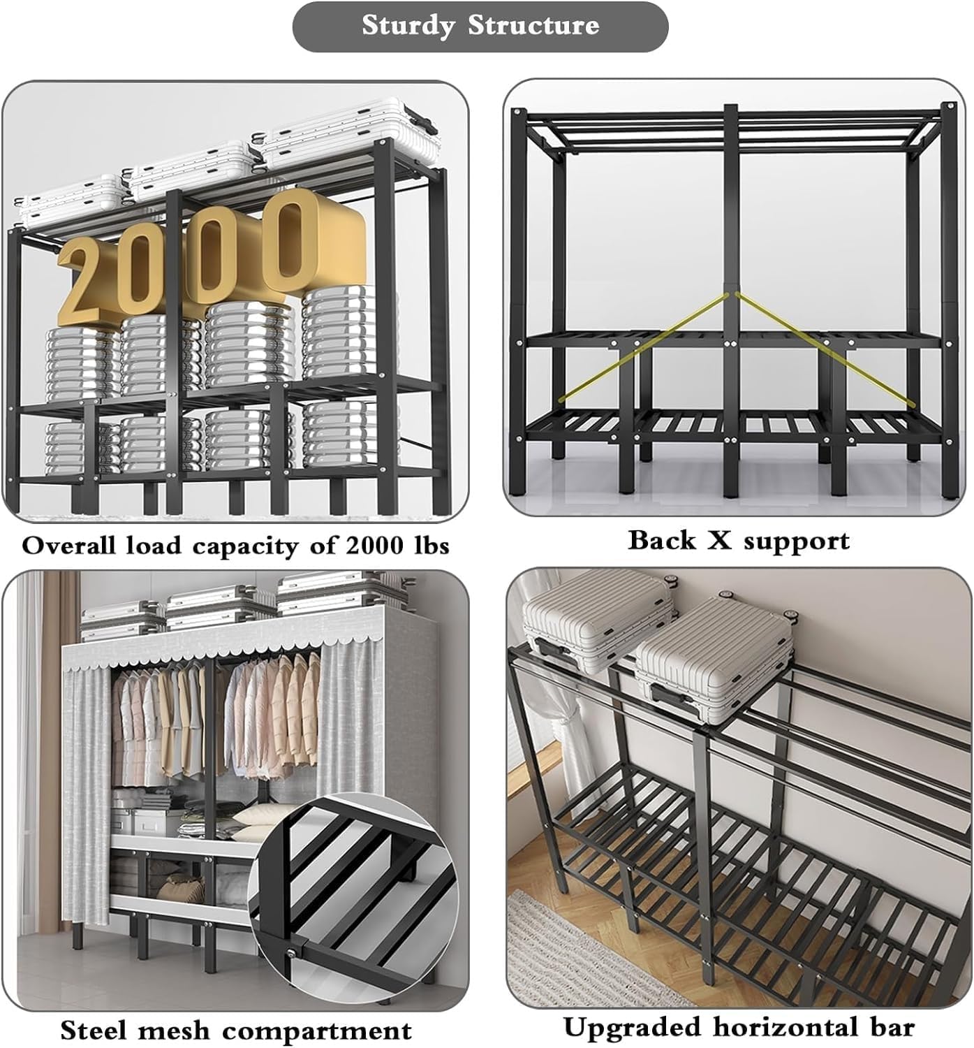 Metal Closet Rack, 59in Foldable Clothe Rack with Cover Heavy-Duty Portable Wardrobe Closet for Bedroom Armoires Freestanding Clothing Coat Storage Rack Garment Rack for Hanging Clothes