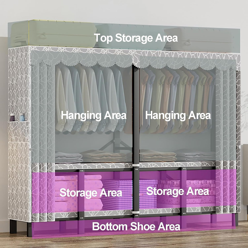 Heavy Duty Clothes Rack With Cover Foldable Wardrobe Closet For Hanging Clothing Metal Garment Rack Freestanding Covered Armoire For Bedroom(B,221cm/87in)