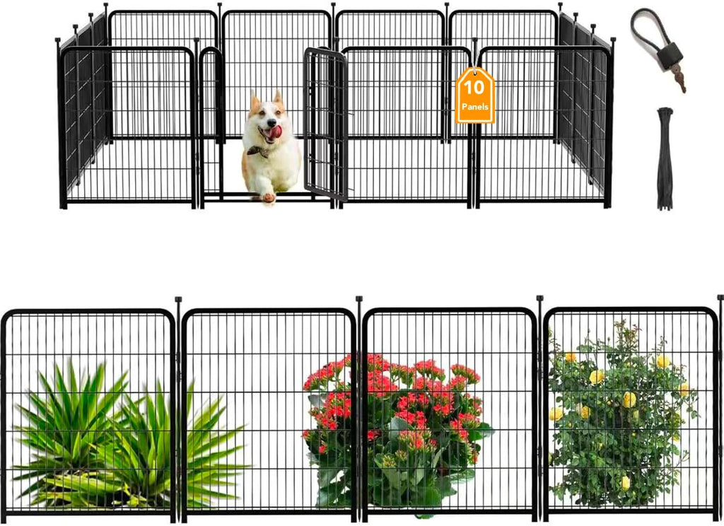 Getlay 56 in(H) Dog Fence Outdoor for Yard，Wide Door Low Threshold, Decorative Garden Fence Panels, 10 Panels Total 22.1 Ft(L)，No Dig Fencing for Dogs, Black