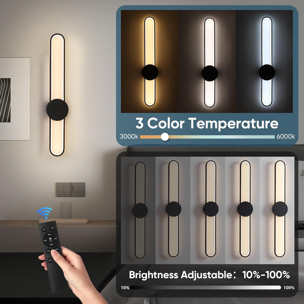 Battery Operated Wall Sconces Set of Two,31.4in Wireless Modern Wall lamps for living room,15000mah Rechargeable LED Wall Lights with Remote,3 Color Dimmable Black Wall Sconce for Bedroom,Hallway.