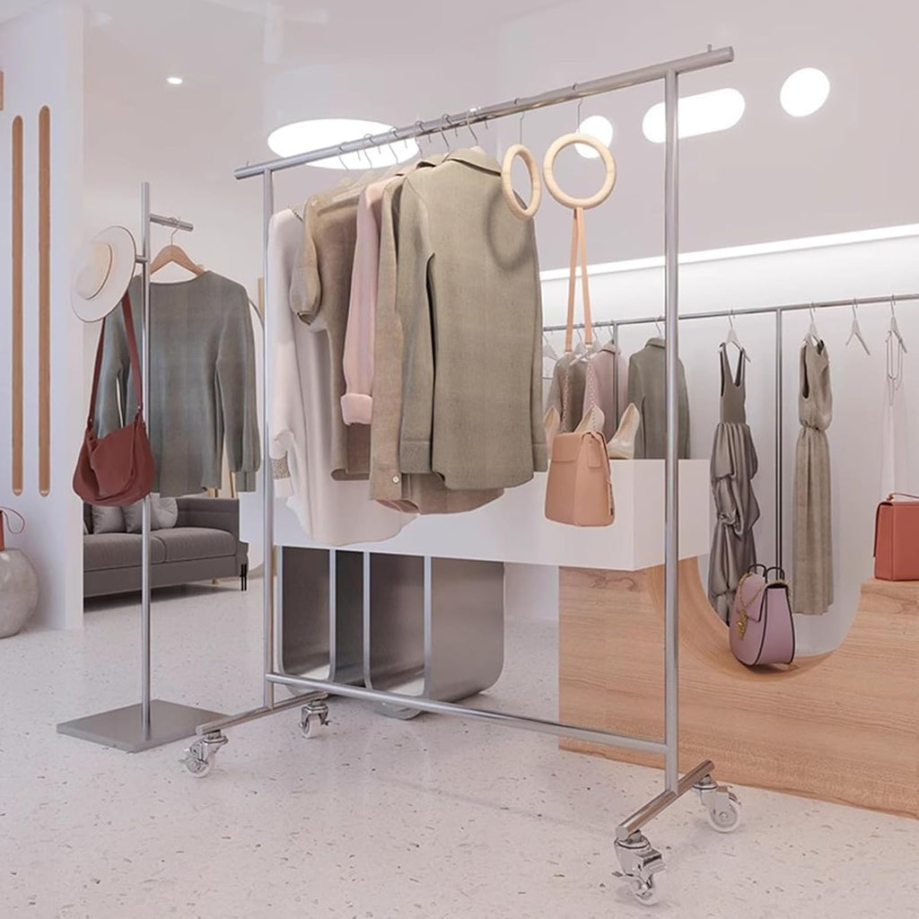 Heavy Duty Coat Rack, Garment Rack Heavy Duty Clothes Rail with Wheels, Freestanding Clothing Rack for Hanging Clothes, Silver Stainless Steel Coat Rack for Bedrooms and Boutiques, 280LBS (150X40X16