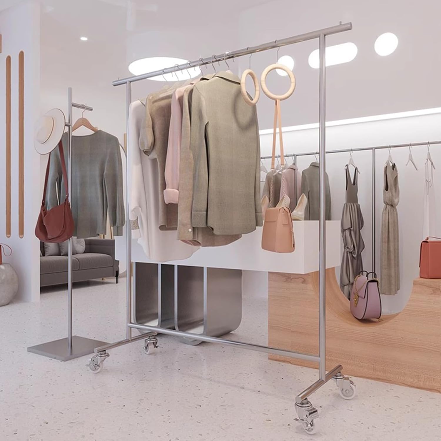 Heavy Duty Coat Rack, Garment Rack Heavy Duty Clothes Rail with Wheels, Freestanding Clothing Rack for Hanging Clothes, Silver Stainless Steel Coat Rack for Bedrooms and Boutiques, 280LBS (150X40X16