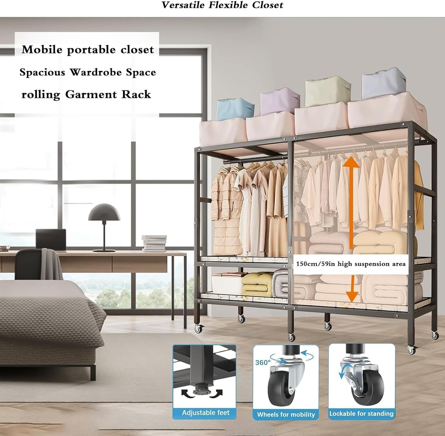 Large Foldable Clothing Rack With Cover Heavy Duty Metal Clothes Racks On Wheels Loads 2000LBS Covered Portable Wardrobe Closet For Hanging Clothes Freestanding Garment Rack For Bedroom(150cm/59in)