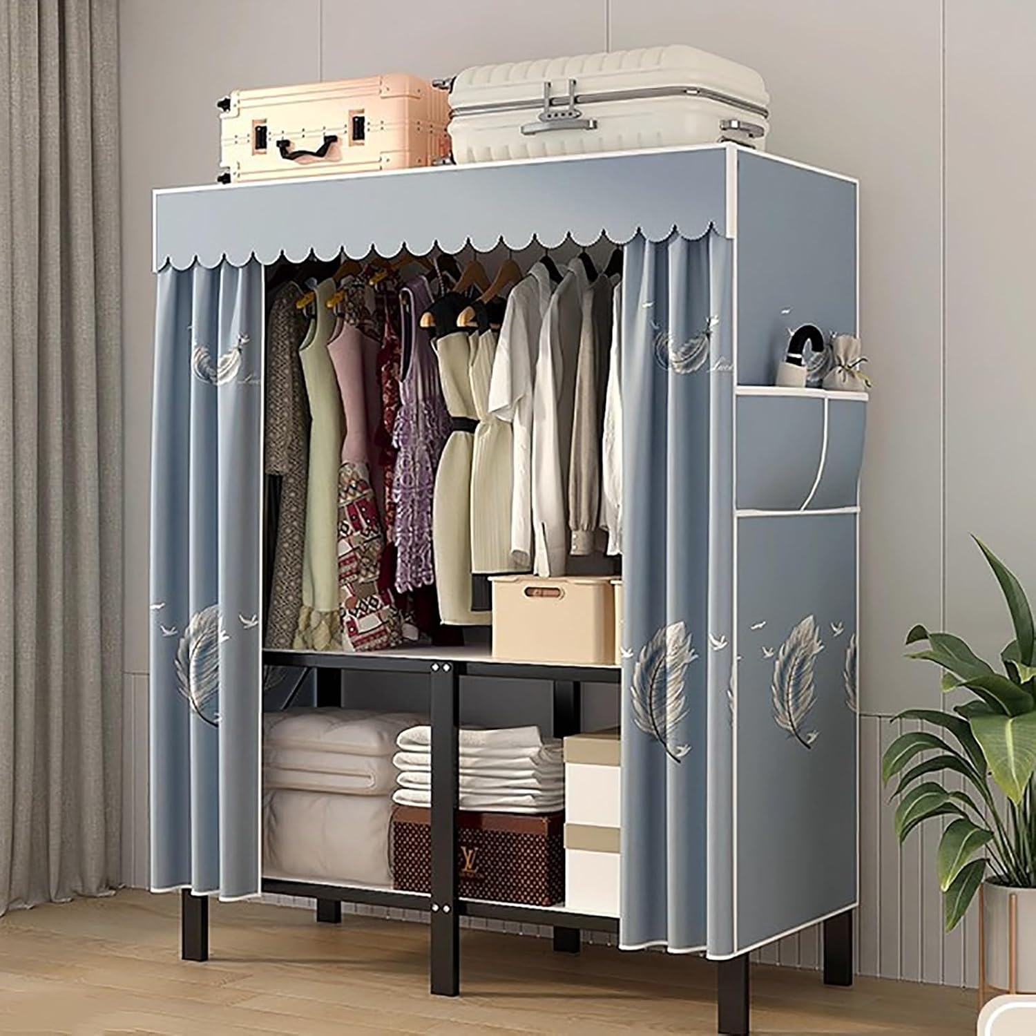 Portable Wardrobe Closet Storage Organizer for Bedroom, Folding Garment Rack, 23MM Thick Steel Hanging Rack with Polyester/Cotton Fabric Cover Blue(110 * 45 * 170cm)