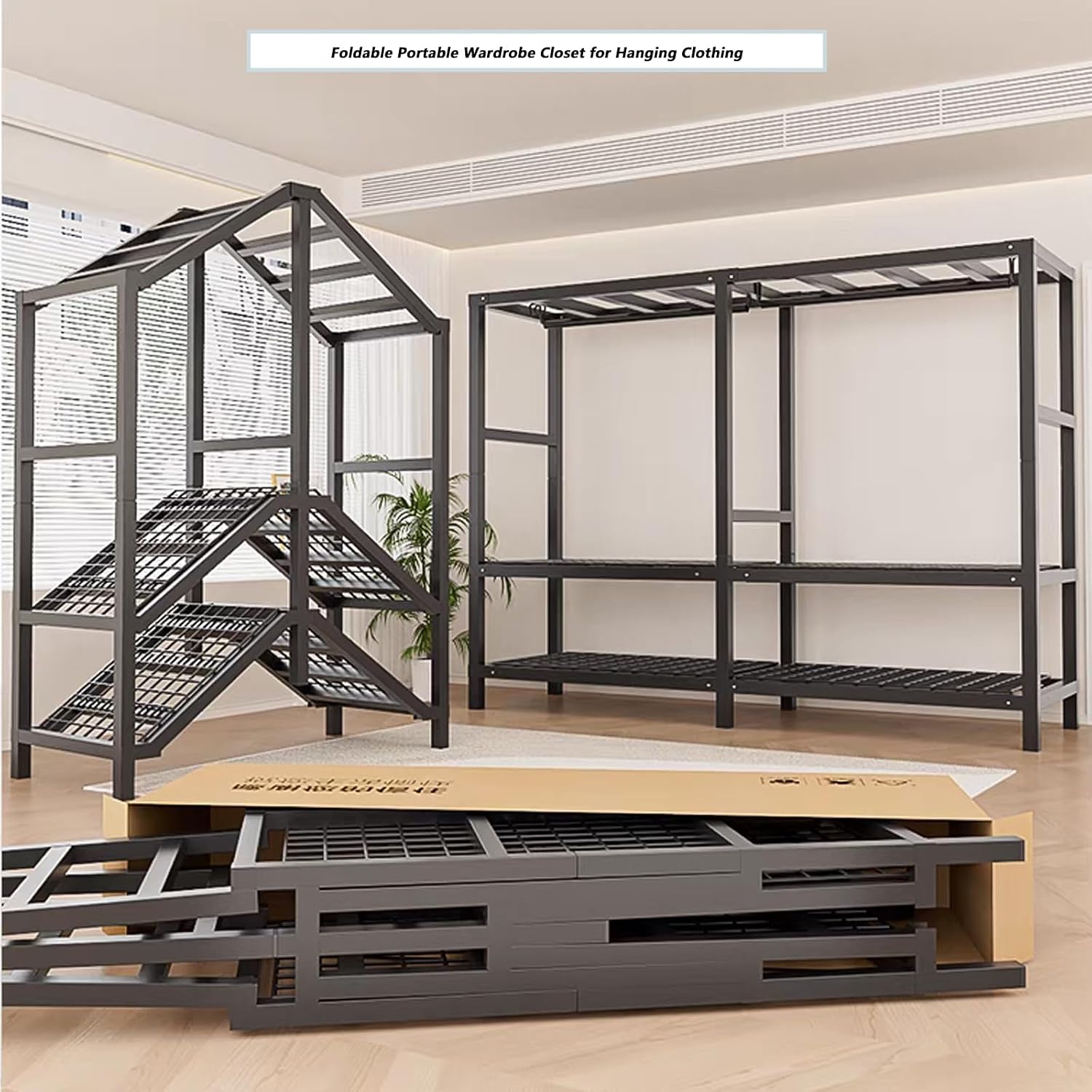 Heavy-Duty Portable Closet Wardrobe on Wheels - Foldable Metal Clothing Rack with Cover, Freestanding Armoire Storage System, Rolling Garment Rack