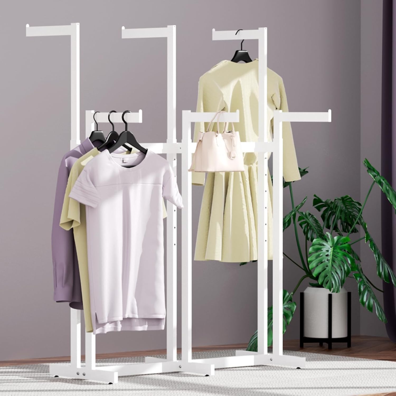 Clothing Racks - Metal Garment Racks for Retail Display Hanging Clothes, Heavy Duty Gold Commercial Clothing Display Rack with Wheels, FreeStanding (White