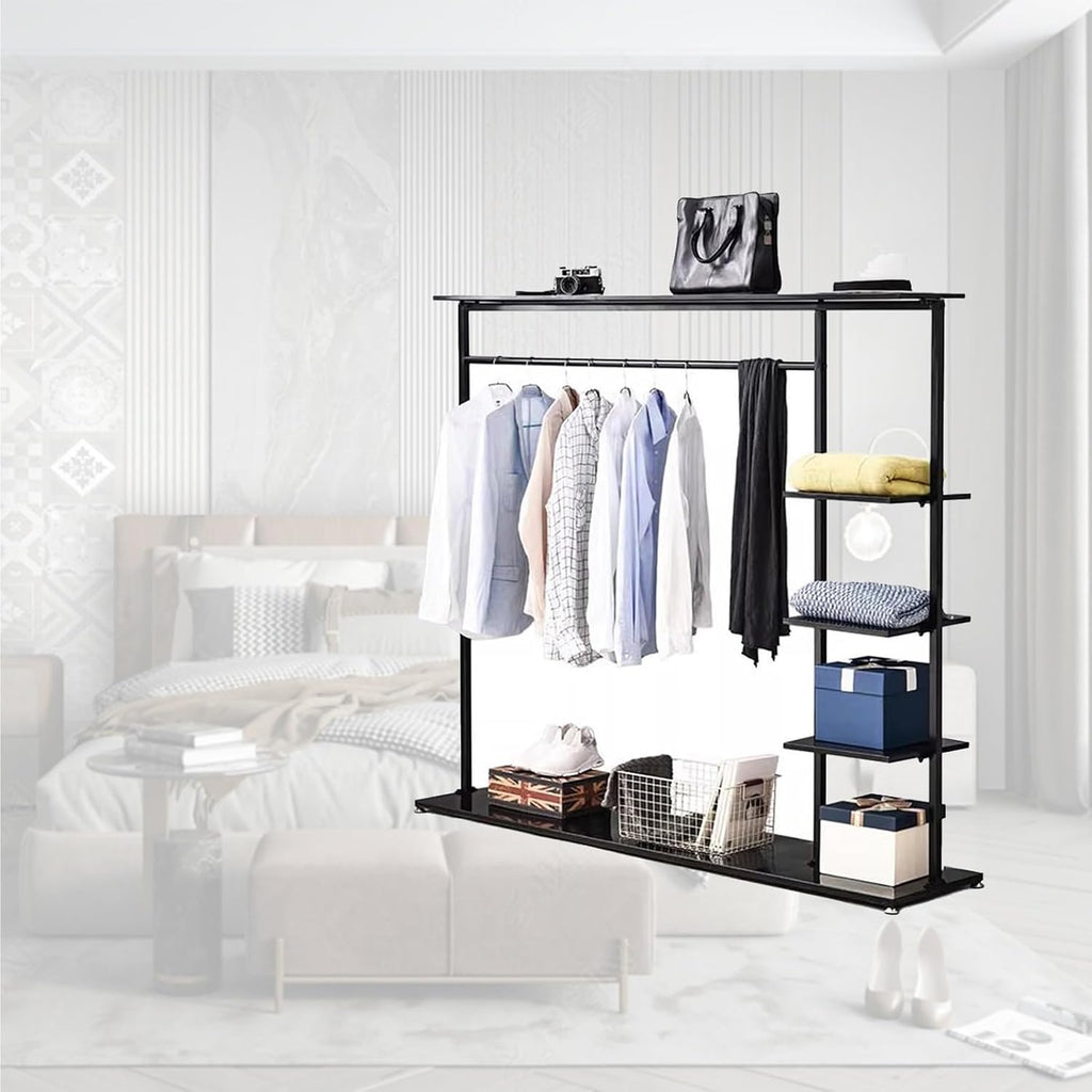 Hangers Display Stand - Garment Rack with Shelf, Metal Clothing Rack Free Standing Closet Organizer with 5 Tier Shelf,Large Clothing Display Stand for Home, Clothing Stor(A2