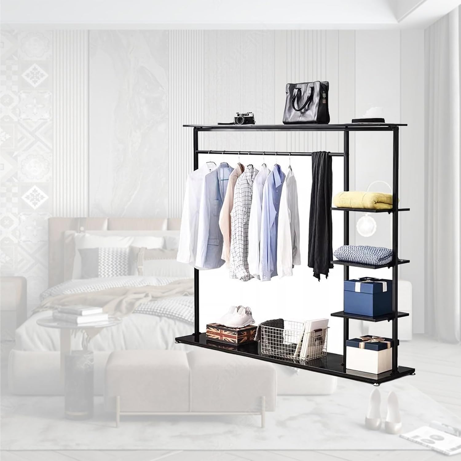 Hangers Display Stand - Garment Rack with Shelf, Metal Clothing Rack Free Standing Closet Organizer with 5 Tier Shelf,Large Clothing Display Stand for Home, Clothing Stor(A2