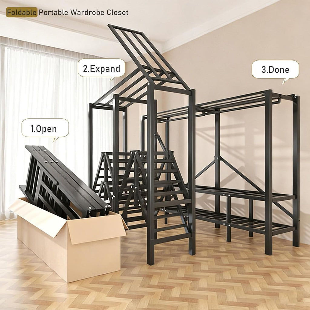 Foldable Portable Wardrobe On Wheels, Freestanding Garment Rack, with Magnetic Door 2000lbs, Heavy Duty Clothes Rack, for Bedroom Closet Systems (Gray Blue, 125CM-49.2IN)