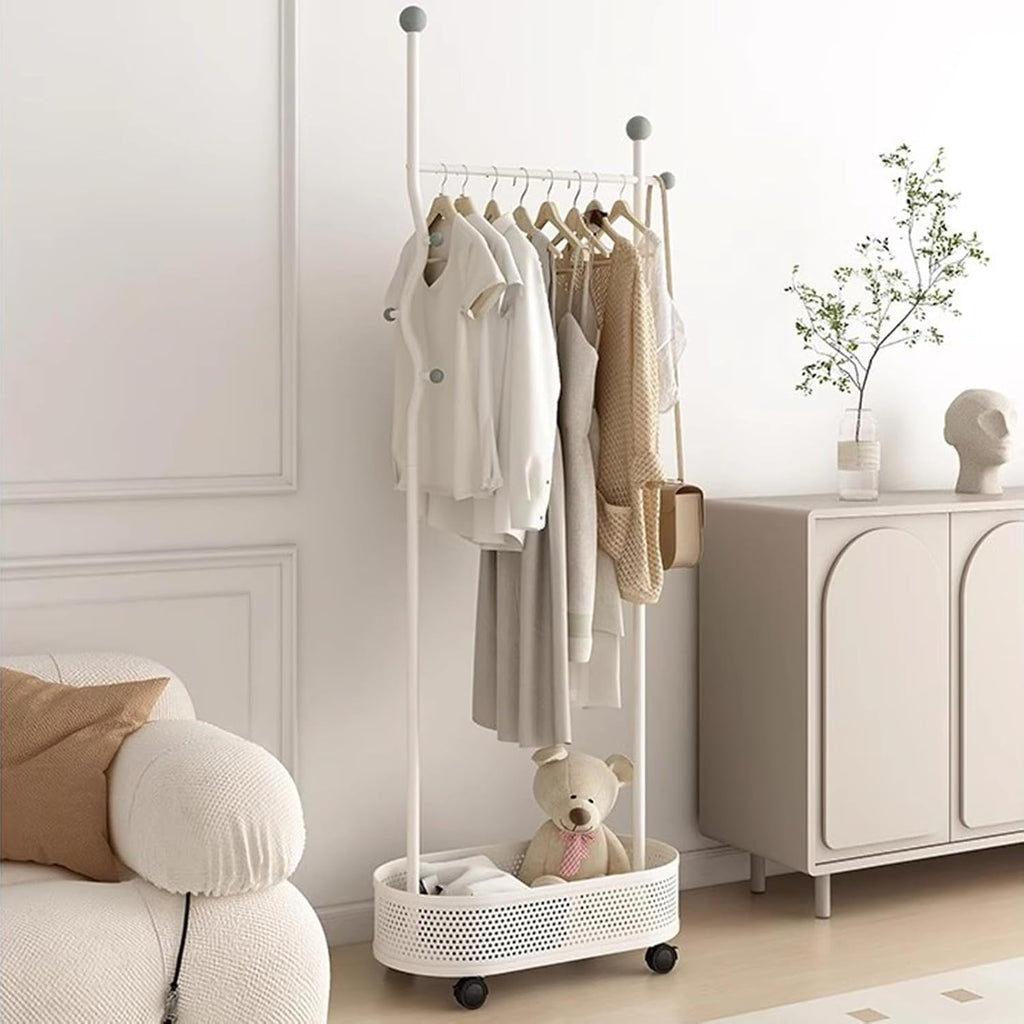 Heavy duty Garment rack Metal Clothes Rail on Wheel, Freestanding coat rack with storage basket and 4 hooks,Space-saving clothing rack for entryway bedrooms and Office, clothes organ (White 80X32X175