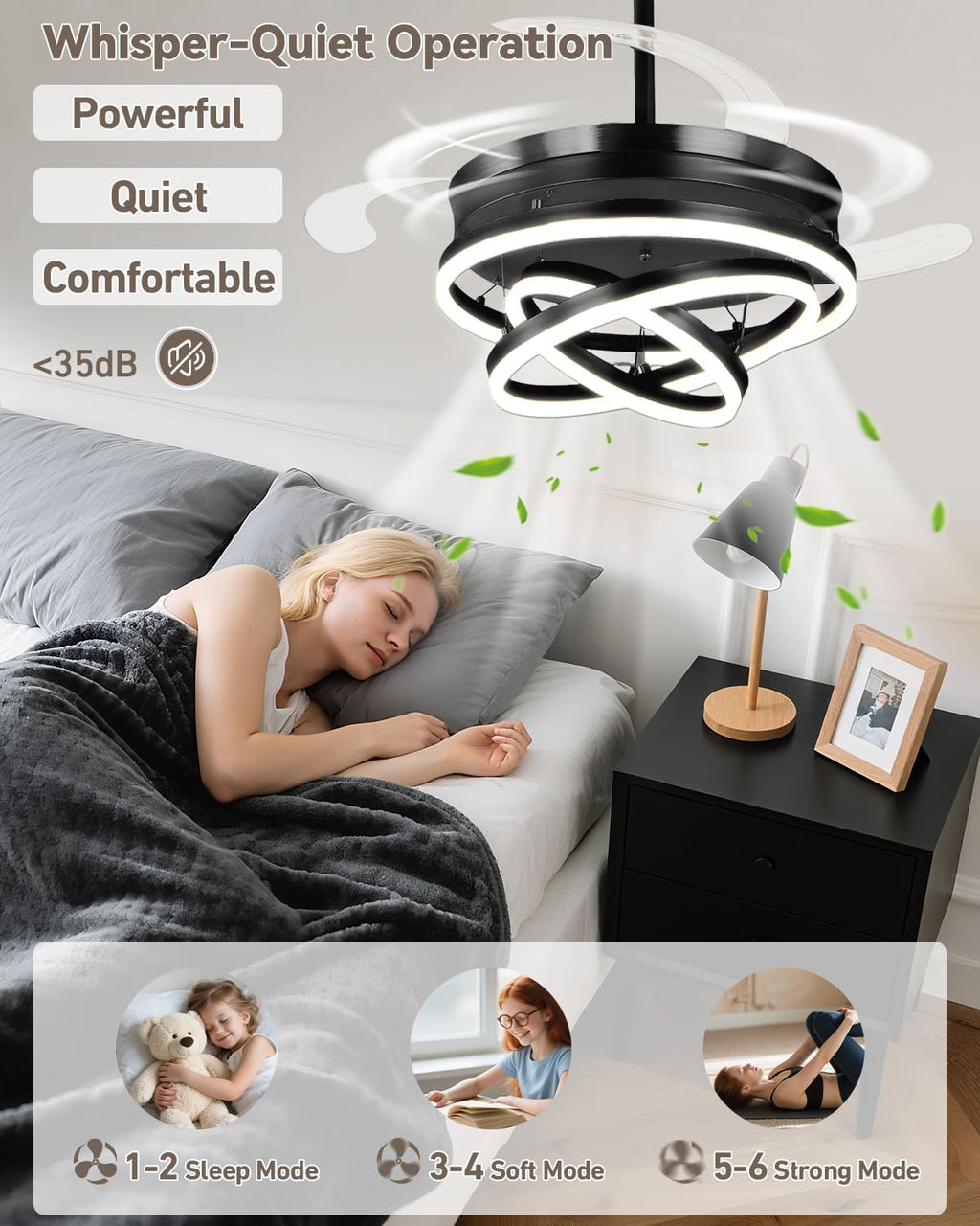 Retractable Ceiling Fans with Lights, 42' Fandelier Ceiling Fan with Light and Remote, Reversible, 3 CCT, Dimmable, Modern Chandelier Ceiling Fan for Bedroom, Living Room, Dining Room (Black)