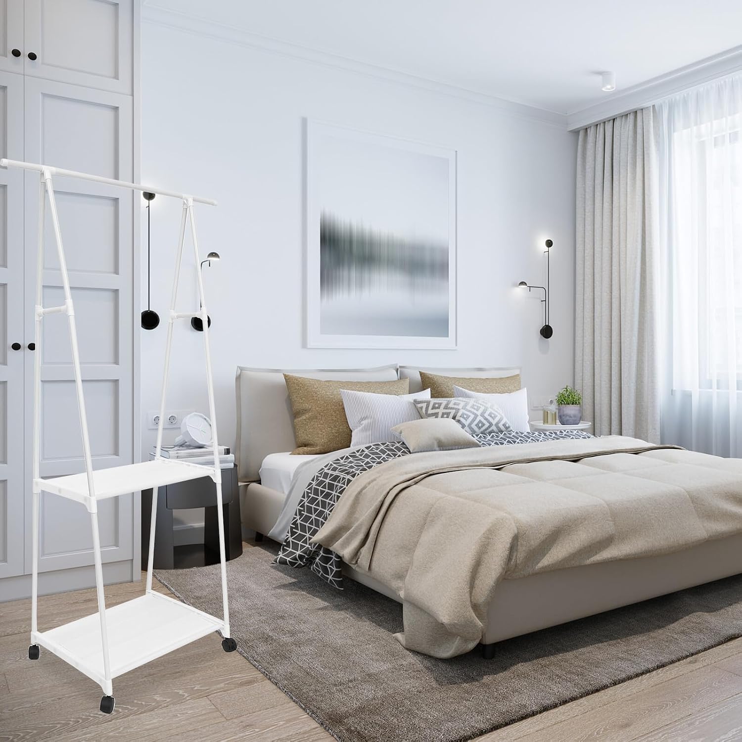 Modern White Iron Garment Rack with Wheels Floor Standing Clothes Display Shelf for Bedroom Storage Sturdy Open Design Suitable for Hanging Pants Shirts Sweaters