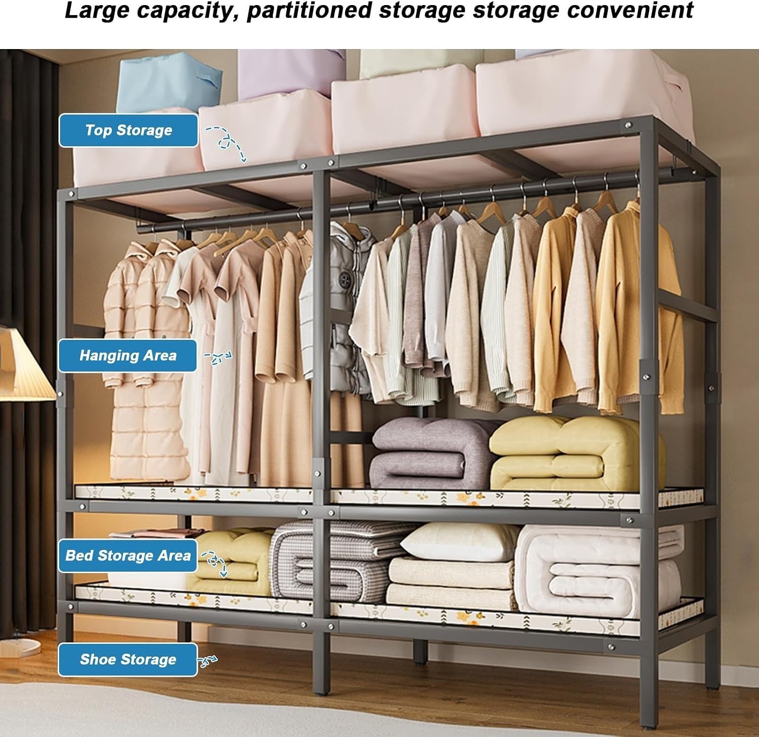 Heavy-Duty Portable Wardrobe Closet Rack For Storage ,1500lbs,Rolling Foldable Garment Rack With Cover And Wheels，Freestanding Clothes Organizer System For Bedroom LivingRoom Office ( Size : 168*50*18