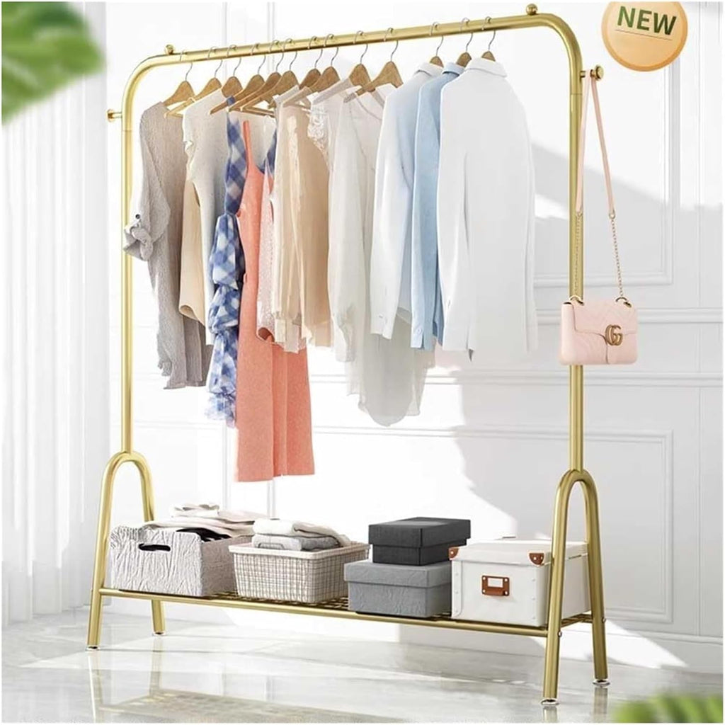 Metal Clothing Rack, Heavy Duty Clothes Organizer Storage with Shelves Clothing Hanger Rack Garment Rack Wardrobe Rack for Coats, Shirts, Dress(Gold,100x33x147cm)