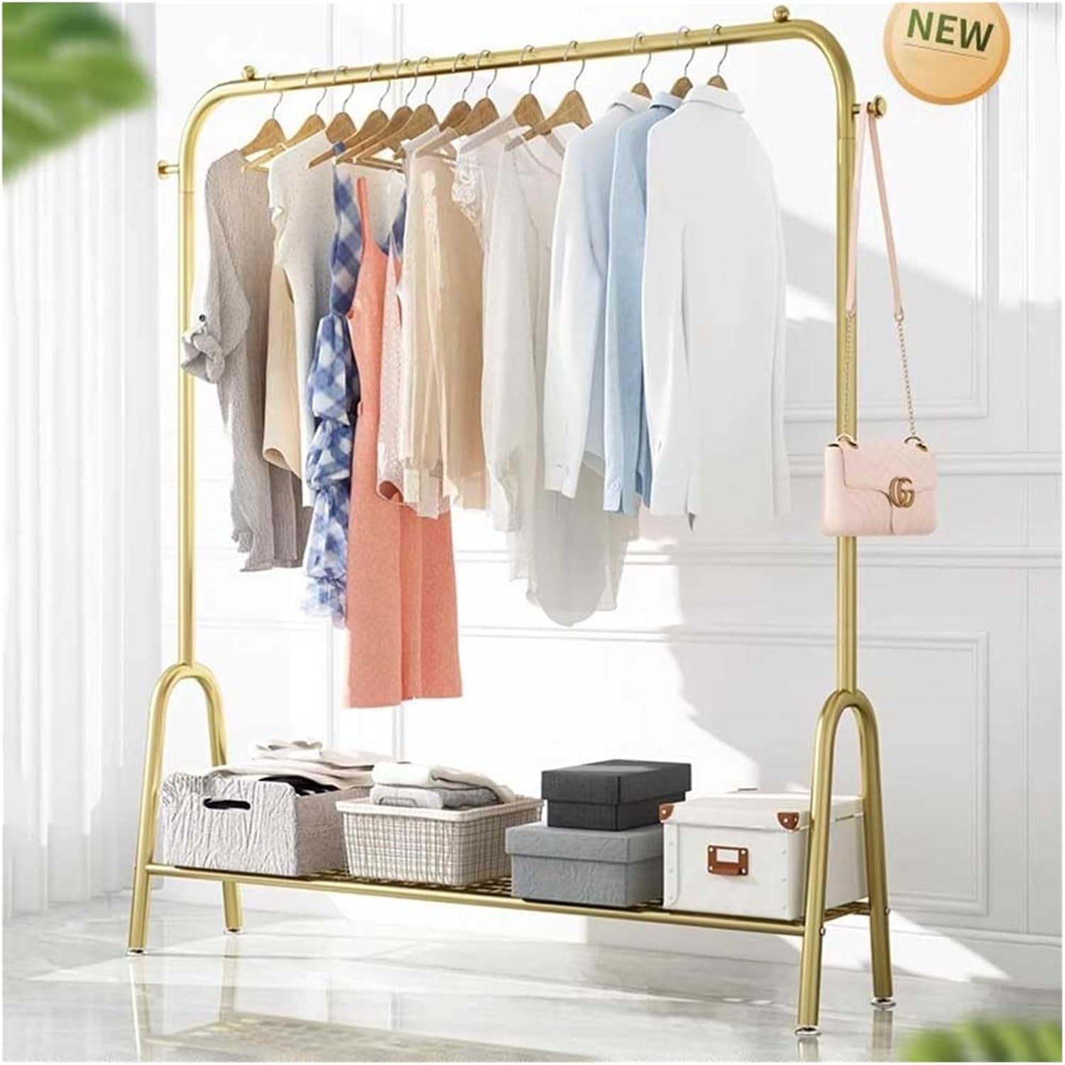 Metal Clothing Rack, Heavy Duty Clothes Organizer Storage with Shelves Clothing Hanger Rack Garment Rack Wardrobe Rack for Coats, Shirts, Dress(Gold,100x33x147cm)