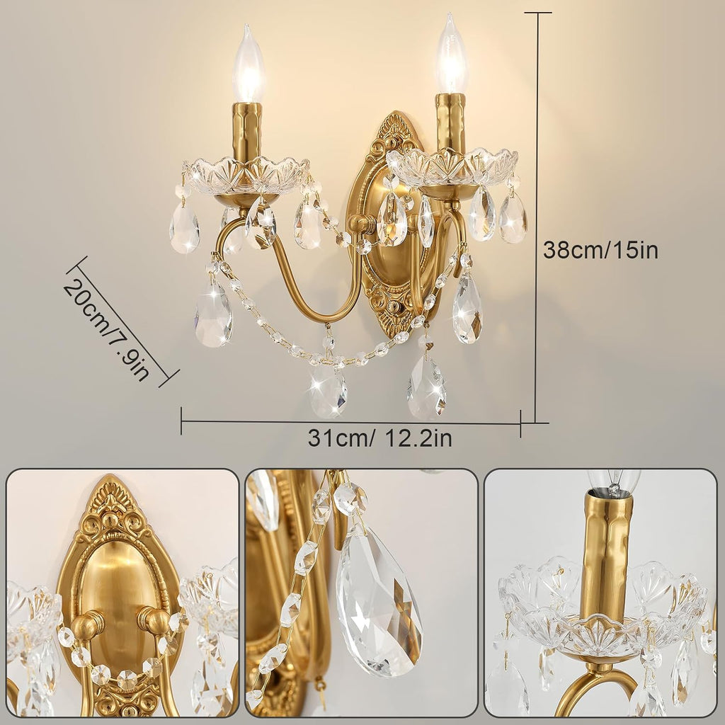 Crystal Wall Sconce Set of 2, Crystal wall sconces, Vintage wall sconces, Gold Brass Finish with Glass Drops, for Bedroom Living Room Bathroom Vanity Mirror Light Fixtures