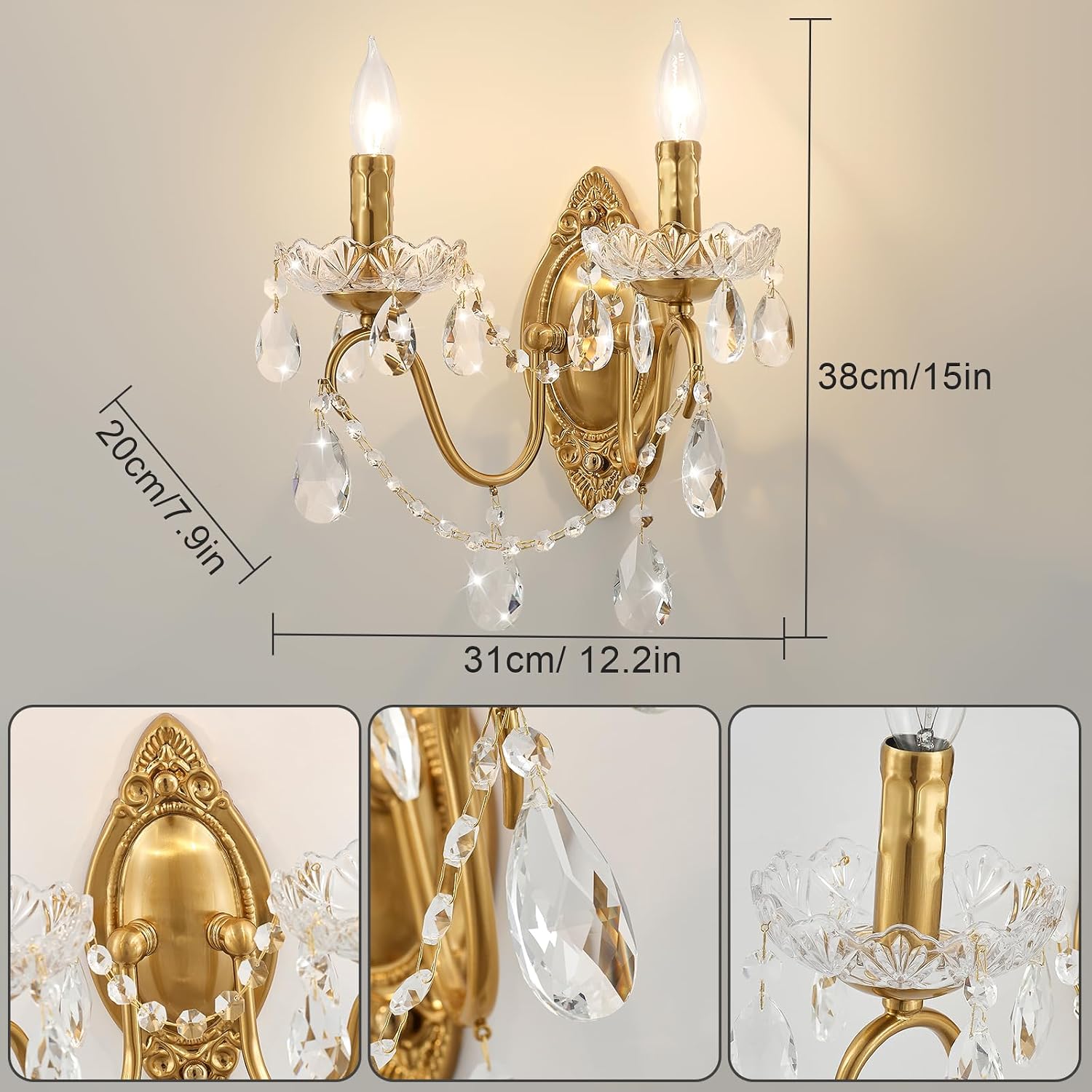 Crystal Wall Sconce Set of 2, Crystal wall sconces, Vintage wall sconces, Gold Brass Finish with Glass Drops, for Bedroom Living Room Bathroom Vanity Mirror Light Fixtures