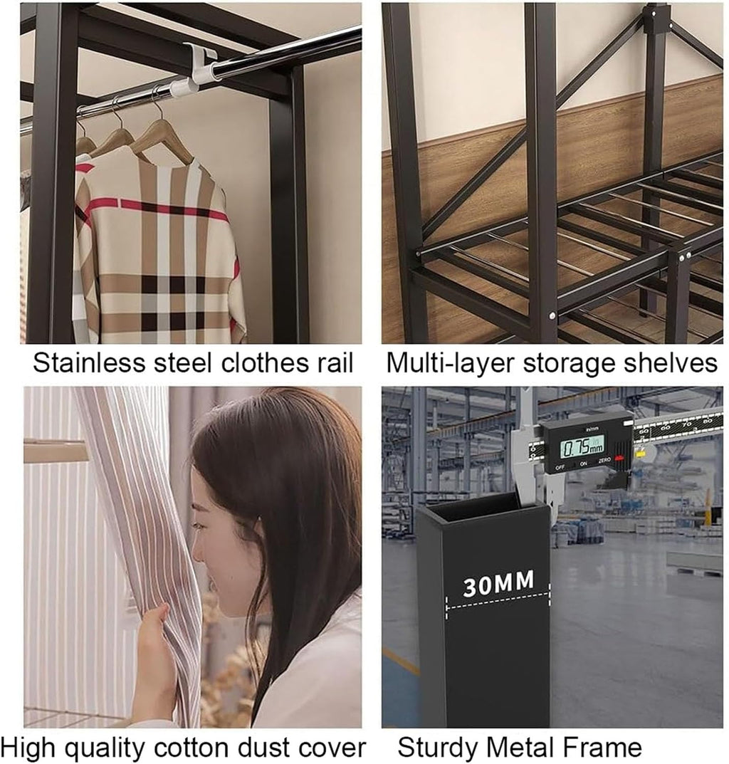 Portable Closet, Heavy Duty Covered Clothes Rack Portable Wardrobe Closet, Wire Garment Rack Black Metal Clothing Rack with Grey Cover, Clothes Storage Organizer for Extra Sturdy(66inch/168cmx19.7inch