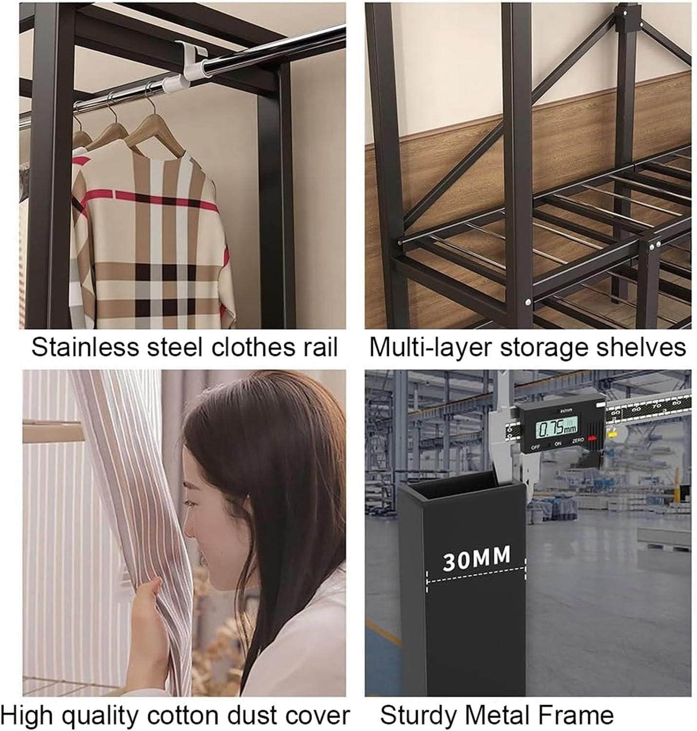 Portable Closet, Heavy Duty Covered Clothes Rack Portable Wardrobe Closet, Wire Garment Rack Black Metal Clothing Rack with Grey Cover, Clothes Storage Organizer for Extra Sturdy(66inch/168cmx19.7inch