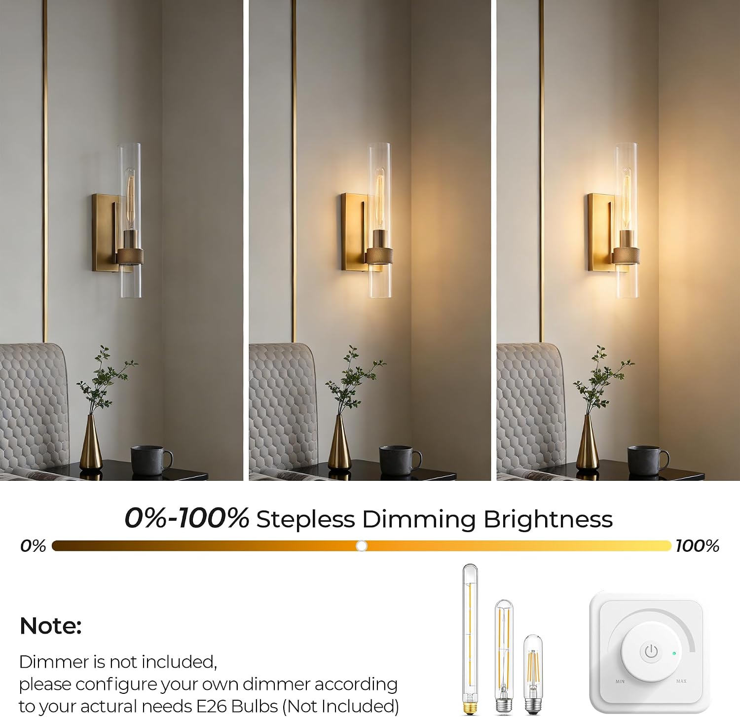 Brass Wall Sconces Set of 2, Vintage Wall Light Fixture with Clear Glass Shade, Luxury Hardwired Retro Wall Sconce for Bathroom Vanity, Living Room, Bedroom, Hallway Tube Indoor Sconce no Bulbs