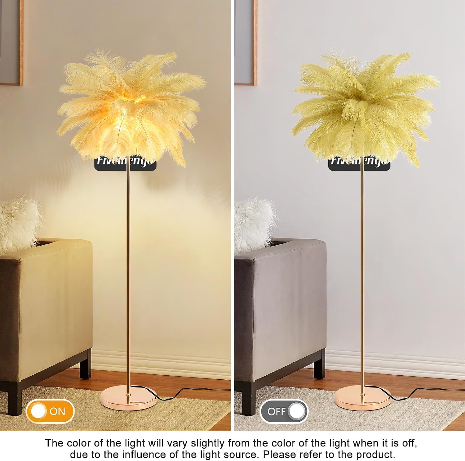 Feather Floor Lamp for Living Room, Fluffy Ostrich Feathers Lamp, Rose Gold Color Body, 3 Color Temperatures Modern Funky Arc Tall Standing Lamp for Bedroom Inclued Bright LED Bulbs (Camel)