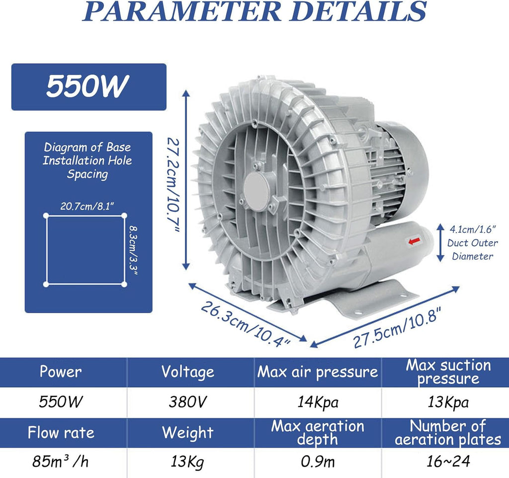 Regenerative Blower 370/550/750/1100/1500W Three Phase, Aluminum Alloy Vortex Ring Blower, Industrial Vacuum Pump for Air Blowing,550W