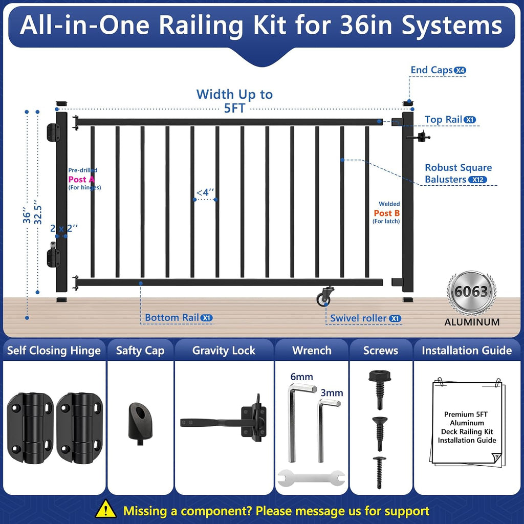 5ft Aluminum Deck Gate 36in H with Support Wheel, Cuttable Railing Gate Kit with Latch & Auto-Close Hinges, AAMA 2604 Textured Black Outdoor Gate for Deck, Porch, Patio